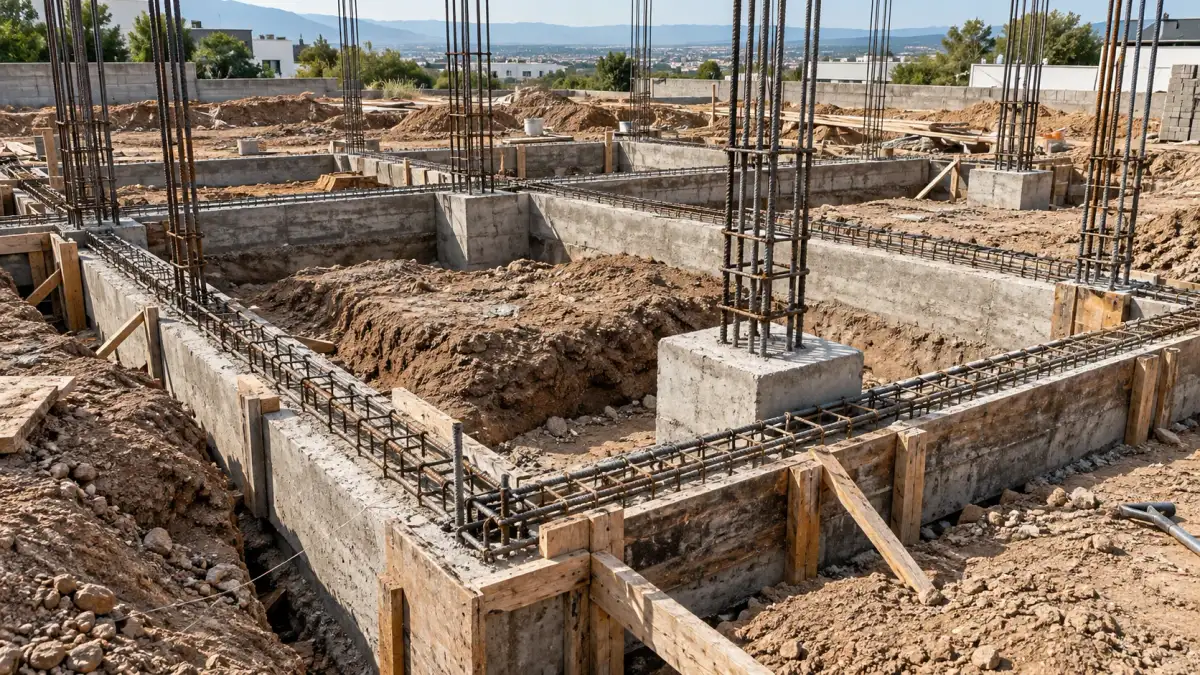 Cimentación de obra con zapatas de concreto, cimbra de madera y castillos de varilla expuesta