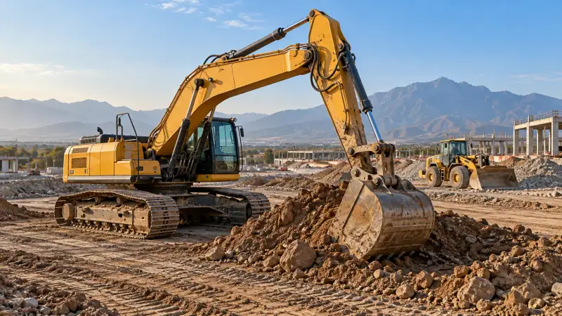 Excavadora amarilla sobre orugas moviendo tierra en obra, con cargador frontal al fondo